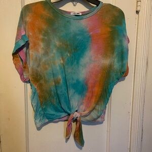 Tie-Front Tie-Dye Tee in Teal & Orange